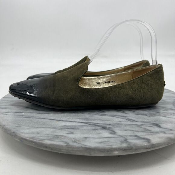 Jimmy Choo Womens 38 Loafer Moss Green Suede Slip On Patent Leather Cap Toe - Picture 4 of 14